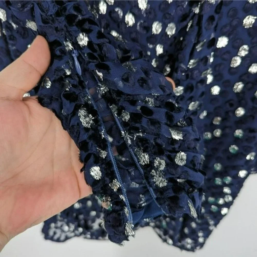 Kate Spade Scatter Dot Dress 6 Navy Silver Faux Wrap Ruffle Velvet Long Sleeve